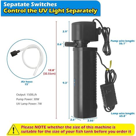 Aquarium Filter for 150-560 Litre Ponds, 7W Anti-Algae Clarifier U-V Indoor Filter 1500L/h Submersible Pump for Freshwater and Saltwater Aquariums Crystal Clear Algu Destroyer (1/4)