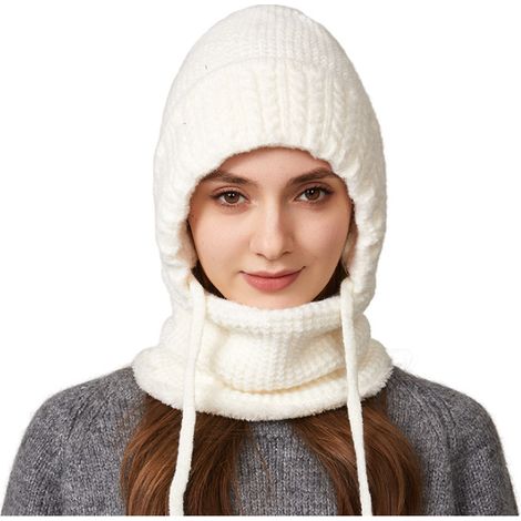 Gorro de invierno de lana, grueso, cálido y con forro polar, que también sirve como bufanda/máscara, resistente al viento y con orejeras, en color blanco roto.