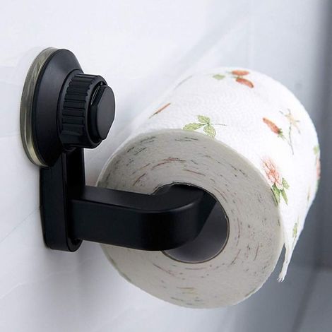 Porte-papier toilette avec ventouse - Fixation murale sans perçage - Forte adhérence - Pour salle de bain et cuisine - Noir (1/5)