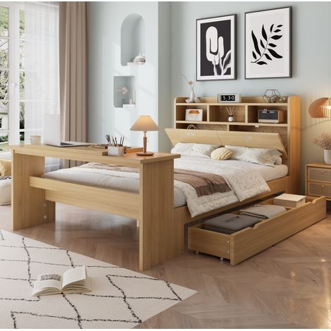 Lit simple lit enfant 140 x 200 cm avec rangement tête de lit étagère, tiroir latéral, table pliante réglable,sommier à lattes,bois (1/5)
