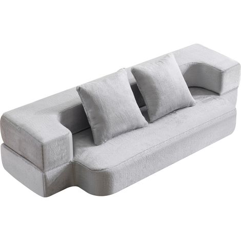 Sofá cama convertible de 2 plazas en tejido gris claro, sin montaje, con cojines (1/5)