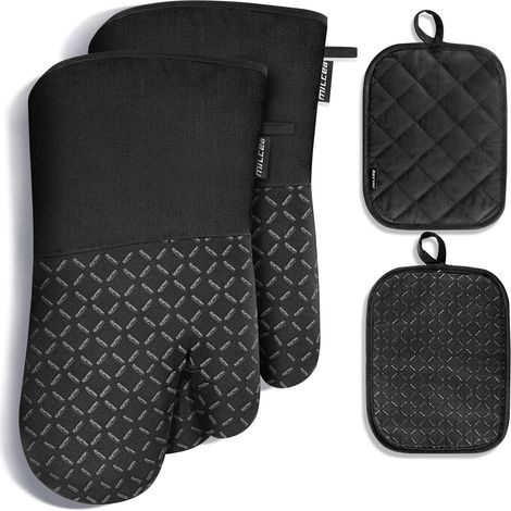 MILcea Ofenhandschuhe Hitzebeständige 300°C Topflappen & Ofenhandschuhe 4er Set Topfhandschuh Dutch Oven Mitts Ofenhandschuhe Ofen Handschuhe Backhandschuhe Kochhandschuhe (Schwarz-Set) (1/5)