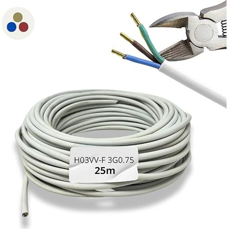 Câble Électrique 25m 3 Fils 3x0.75 mm² PVC Blanc  H03VV-F Extensions Installations Flexibles Rondes  Accessoires Éclairage Maison, Bureau (1/5)