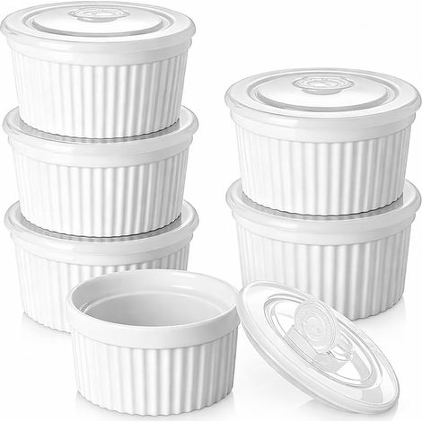 Set mit 6 Crème-Brûlée-Förmchen, 240 ml Porzellan-Förmchen und Souffléformen, spülmaschinenfest, Keramik-Förmchen für Crème Brûlée, Soufflés und Desserts, Weiß (mit Deckel) (1/5)