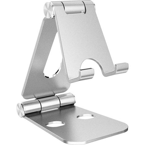 Support téléphone argenté, support de bureau compact en aluminium pour smartphone, dock fixe compatible mobile, porte-téléphone stable (1/5)