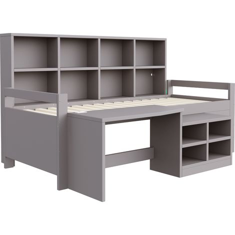 Cama alta infantil 90 x 200 cm con escritorio, almacenaje, LED y puertos USB, gris (1/5)