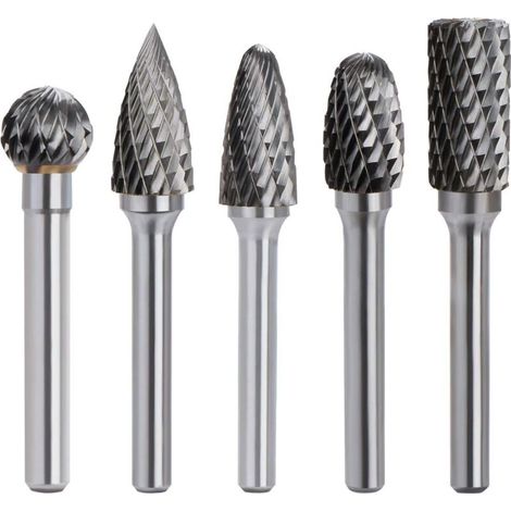 5-piece set of double-toothed, 6 mm shank, 10 mm head, tungsten carbide rotary milling cutters for electric drilling and grinding, metal carving, polishing and engraving.