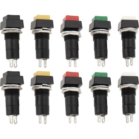 10pcs 12mm Interrupteur à Bouton-poussoir Carré de Verrouillage SPST Interrupteur à Bouton-poussoir de Verrouillage 250V/3A pour l'électronique Automobile Noir Blanc Jaune Vert Rouge (1/5)