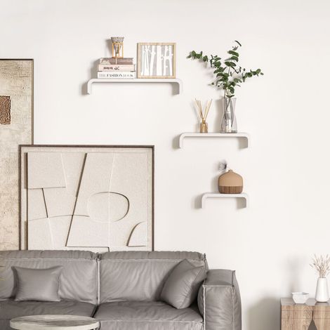 Cloison amovible Lot de 3 étagères murales flottantes design contemporain courbé kit fixation inclus MDF blanc (1/5)