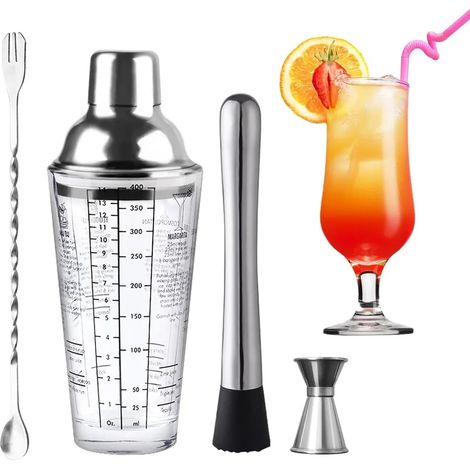 Shaker à cocktail, verre à cocktail de 400 ml, ensemble mélangeur, verre doseur de barman, cuillère, mortier et pilon, ensemble de barman professionnel, accessoires de cocktail, cadeau pour femmes et  (1/5)