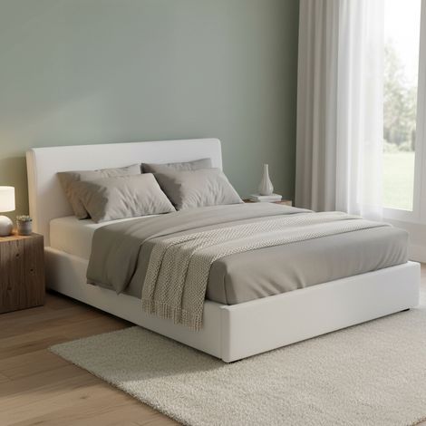 Talamo Italia Cama matrimonial Bernadette, Cama contenedor con revestimiento de tela, 100% Made in Italy, Apertura frontal, con colchón Cm 140x200 incluido, Blanco, con embalaje reforzado (1/5)