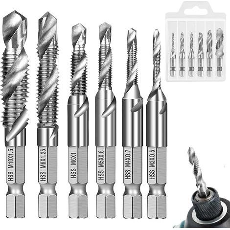 6 Pièces Forets Taraudeurs Combinés Kit, M3 M4 M5 M6 M8 M10 Foret Taraudeur avec Tige Hexagonale, Taraudage avec Revêtement Antirouille Kit, pour Taraudage Simultané, Perçage (1/5)