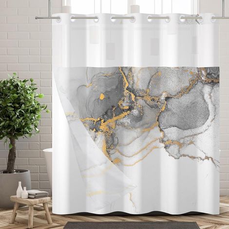 Rideau de Douche sans Crochets avec Doublure à Boutons-Pression Transparent en Maille Gris et Marron Effet marbre Luxueux, Double Couche décoratif imperméable et Lavable 180x180cm (1/5)