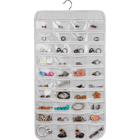 Organisateur De Bijoux Suspendu - 80 Poches Double Face - PVC Transparent - Pour Anneaux Boucles Doreilles Colliers Bracelets - 79 x 42 cm