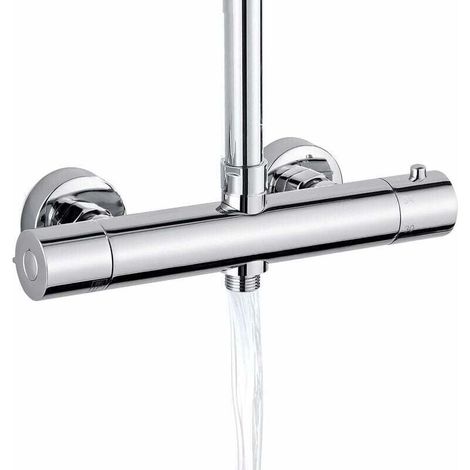 Mitigeur de Douche, Mitigeur Thermostatique Douche Avec 2 Sortie, Sortie Supérieure 3/4" BSP(26.4mm) et Sortie Inférieure 1/2" BSP(21mm), Forme Ronde , Laiton, Finition Chromée (1/4)