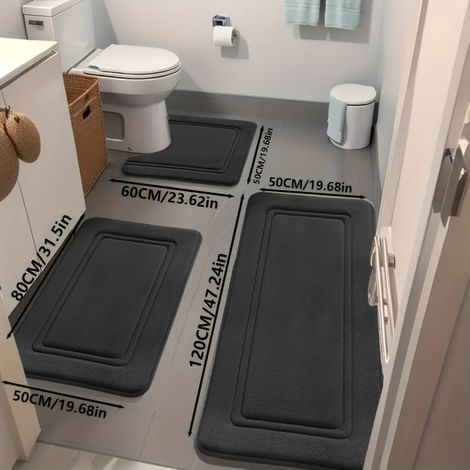 Set di 3 tappetini da bagno ultra assorbenti Tappetini da bagno antiscivolo in poliestere per vasca e doccia - Comodi e morbidi - Tappetini decorativi per pavimento di Aijing - Nero (1/5)
