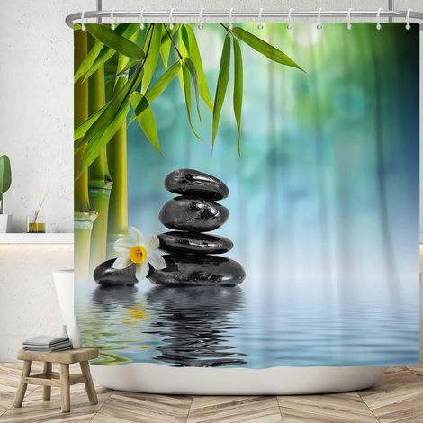 165x180cm Spa Japonais Rideau de Douche Vert Bambou Feuilles Orchidée Basalte Pierres Zen Méditation pour Salle de Bains avec Crochets (1/4)