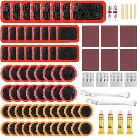 Rustine Velo, 86pcs Kit Reparation Pneu Velo, Rustine Chambre a Air, Kit de Crevaison, Boîte de Rangement Portable, Rustines Chambre à Air (1/5)