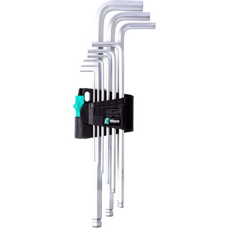 Kit cles males coudees WERA 9 pieces, 6 pans avec tete spherique, chrome 1,5-10mm (1/5)