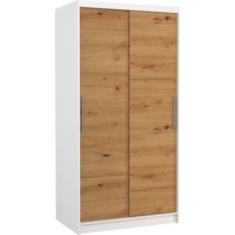 Petite armoire de chambre à coucher blanche 2 portes coulissantes bois artisan Kilane 100cm (1/5)