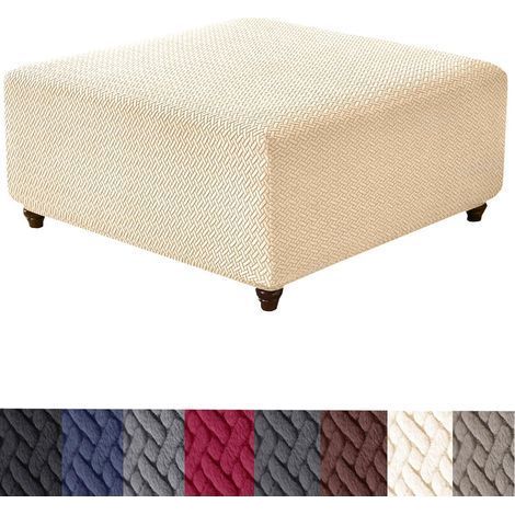 Housse de pouf carrée en tricot extensible jacquard épais et lavable – Housse de repose-pieds avec élastique en bas, beige, taille M (1/5)