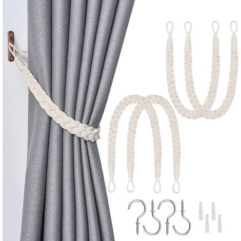 Lot de 4 embrasses de rideau en corde de coton naturel - Style bohème élégant - Décoration pour drapé - Cordons doux tissés à la main avec crochet métallique pour la maison et le bureau (1/5)