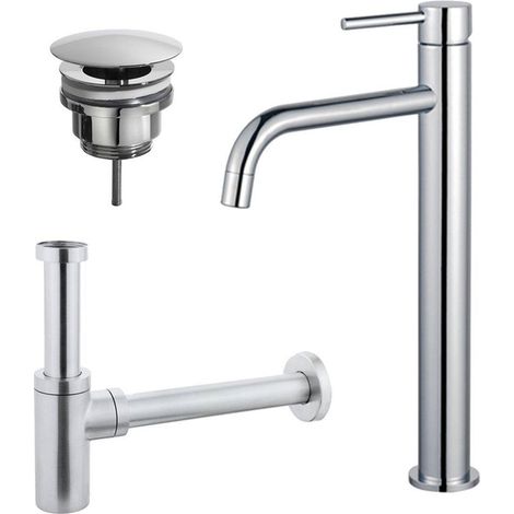 Fortifura Calvi Slim Kit mitigeur lavabo - robinet rehaussé - bonde nonobturable - siphon design - Chrome brillant