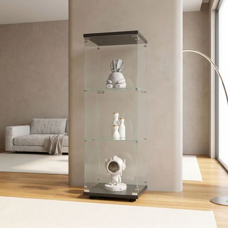 Vetrina in vetro - Vetrina moderna a tre strati con anta - Vetrina per oggetti da collezione in vetro temperato - Nera (1/5)