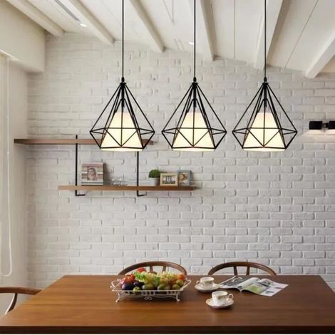 2PCS Lampe Suspension en Cage Diamant Lustre Plafonnier Luminaire en Métal Style Industrielle pour Salon Chambre (1/4)