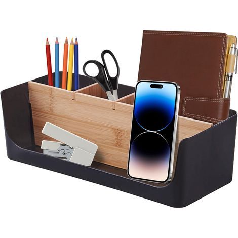 Organiseur de bureau multifonctionnel en plastique noir avec compartiments (1/5)