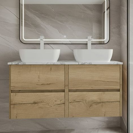 Havana Wall Hung 4-Drawer Vanity Unit with Carrera Marble Worktop 1200mm Wide - Autumn Oak (1/5)