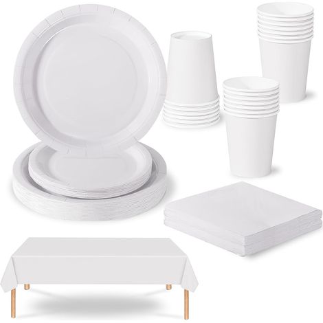 69 pièces Vaisselle Jetable Blanc,Comprend Assiettes Carton Jetable Tasses Serviettesr en Papier et Nappe,Kit Decoration Anniversaire Fêtes Pique-niques Mariage Noël,Biodégradables,Recyclable (1/5)