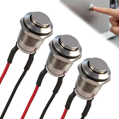 3 Pièces Bouton Poussoir 12mm, Bouton Poussoir avec Câble Acier Inoxydable, Métallique Momentané Acier Inoxydable On/Off 2A 12V/24V/125V/220V avec Tête Haute, Idéal pour Klaxon, Voiture, Maison (1/5)
