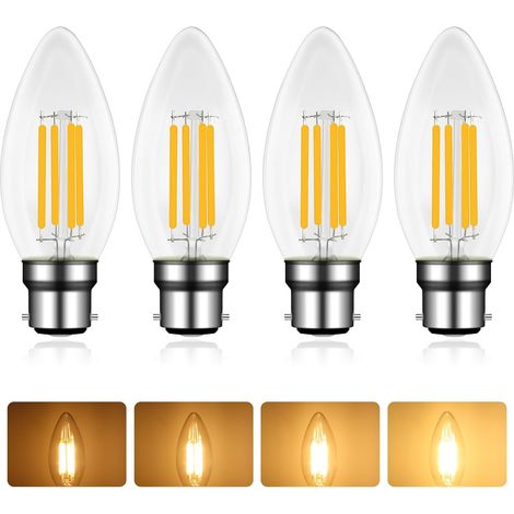 Bombilla LED de bayoneta B22, 6 W, blanco cálido 2700 K, 220 V CA, filamento vintage C35, para lámparas de araña, plafones y apliques de pared, paquete de 4 (1/4)