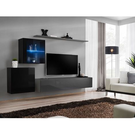 Ensemble mural - Switch XV - 2 vitrines - 1 banc TV - 2 étagères - Noir et graphite - Modèle 2 - Livraison gratuite