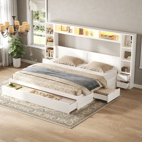 Lit plateforme 2 places 180 x 200 cm blanc avec tête et pied de lit, 7 tiroirs, multiples rangements, éclairage LED 7 couleurs, cadre silencieux (1/5)