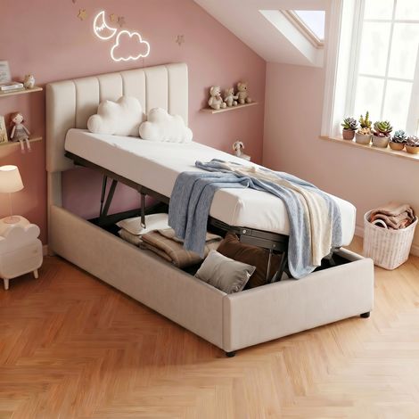 VASIEN – Lit Coffre 90x200 avec tête de lit relevable et sommier à Lattes,lit Une Place/lit Deux Place Cadre de lit avec Rangement,Lit 1 Place avec rangement hydraulique,Beige Lin