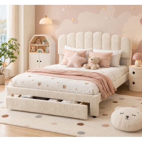 Superaly Lit Double Capitonnée 140x200 cm avec Tiroirs, Tête de Lit Réglable en Hauteur, Ports USB et Type-C, Sommier à Lattes, Style Nordique, adapté aux adultes et adolescents,Teddy velours, Beige (1/5)