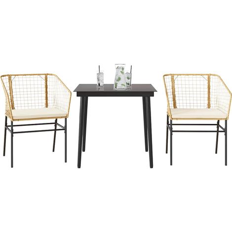 3-tlg. Garten-Essgruppe mit Kissen Braun Poly Rattan Glas