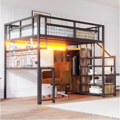 Hochbett 140x200 cm aus Metall und MDF, Schwarz, mit Schreibtisch, ohne Matratze – MEUBLIV (1/5)