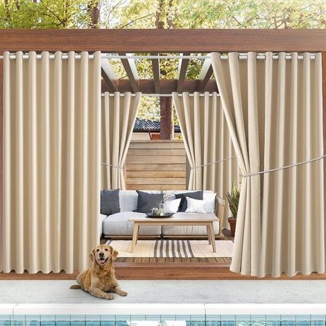 Qelus Rideau d'extérieur Imperméables à oeillets - 180x244cm - Beige - Rideau Pergola Terrasse Isolation thermique pour Jardin