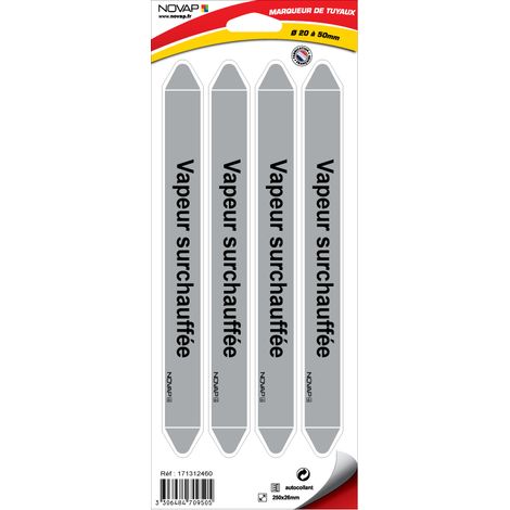 Planche de 4 marqueurs de tuyauterie 250 x 26 mm pour Ø 20 à 50 mm - Vapeur surchauffée - 4709505