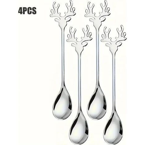 (Argenté 4 pièces) Ensemble de couverts en acier inoxydable représentant des rennes, comprenant une cuillère à dessert, une cuillère à café et une cuillère à mélanger sur le thème des rennes de Noël. (1/5)