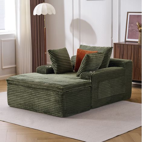 Canapé-lit 165/112/63 cm en velours côtelé vert avec chaise longue, 3 coussins et porte-gobelets (1/5)