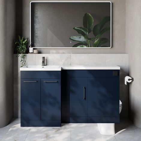 Napoli 390 Deep Blue 1500mm 3 Door Vanity Unit Toilet Suite with Left Hand Square Lucia Basin - 1500mm - Gunmetal Grey 160mm HandleWithout Kingston Toilet Pan