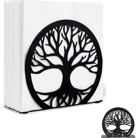 Toallero vertical hueco de metal negro con forma de árbol de la vida.