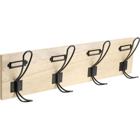 Ac-Deco – Wandgarderobe aus Holz und Metall – 4 Haken – Maße: 48 x 6,5 x 14 cm – Mit Etiketten individuell gestaltbar (1/4)