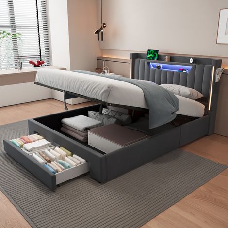 Cama con canapé 140x200 cm, cama con almacenamiento hidráulico, cabecero con estante, iluminación LED táctil y cajón, en terciopelo gris oscuro (1/5)