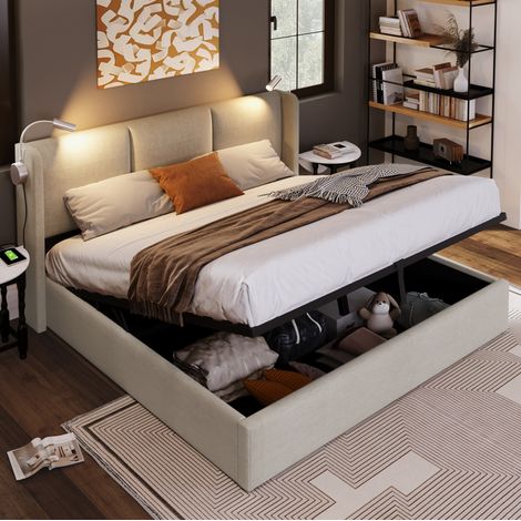 Letto contenitore 180x200 cm beige in lino con LED flessibile e ricarica USB (1/5)