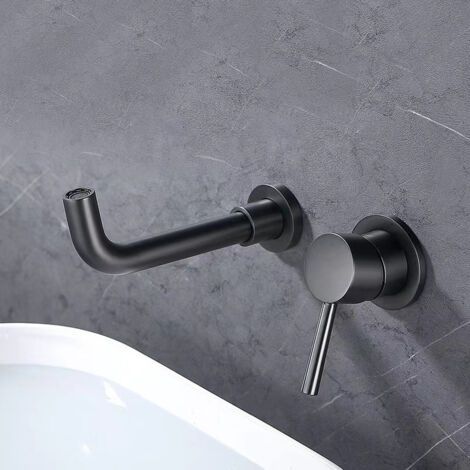 Robinet mural noir mat pour lavabo de salle de bain 2 poignées en croix Robinet de lavabo pivotant à 360 ° Robinet encastré chaud et froid en cuivre (1/5)